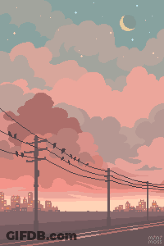 A Pixel Art Of A Sunset With Birds On Power Lines GIF