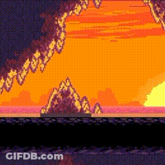 A Pixel Art Of A Sunset With Mountains In The Foreground . GIF