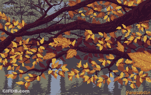 A Pixel Art Of A Tree Branch With Leaves Hanging Over A Lake GIF