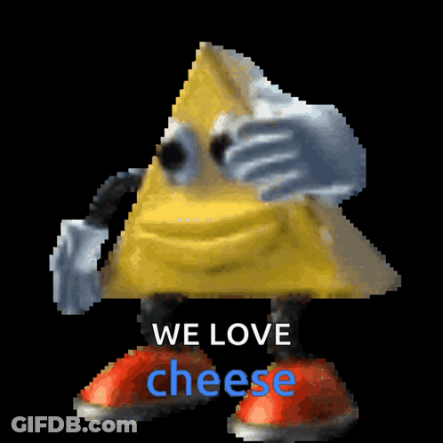 A Pixel Art Of A Triangle With Arms And Legs And The Words We Love Cheese Below It GIF