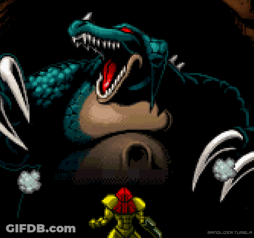 Pixel Art Video Game Character Facing Crocodile GIF