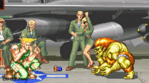 A Pixel Art Of A Video Game Scene With Fighters And A Can Of Pepsi On The Ground GIF