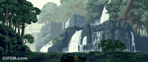 A Pixel Art Of A Waterfall In A Jungle GIF