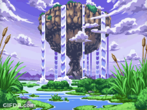 A Pixel Art Of A Waterfall With A Rock In The Middle GIF