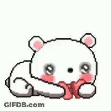 A Pixel Art Of A White Teddy Bear Laying Down With A Red Bow In Its Mouth . GIF