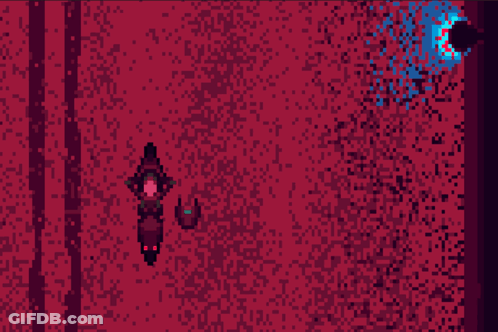 A Pixel Art Of A Witch Holding A Potion In A Dark Room GIF
