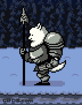 A Pixel Art Of A Wolf In Armor Holding An Axe GIF