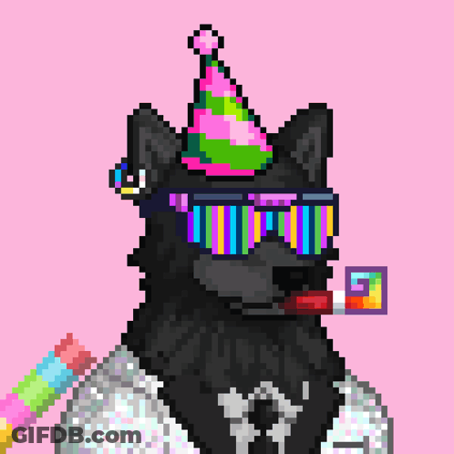 A Pixel Art Of A Wolf Wearing A Party Hat GIF