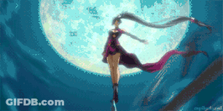 A Pixel Art Of A Woman Flying In Front Of The Moon GIF