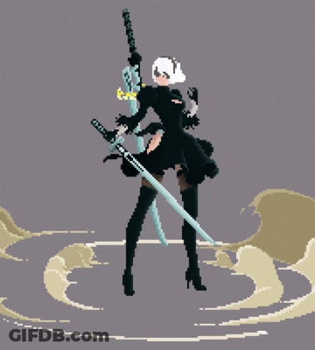 A Pixel Art Of A Woman Holding A Large Sword GIF