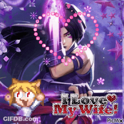 A Pixel Art Of A Woman Holding A Sword With The Words I Love My Wife Below Her GIF