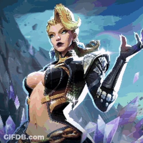 A Pixel Art Of A Woman In A Very Revealing Outfit With Purple Crystals In The Background GIF