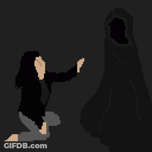 A Pixel Art Of A Woman Kneeling In Front Of A Grim Reaper . GIF