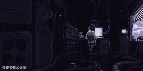 A Pixel Art Of A Woman Sitting At A Desk With A Computer GIF