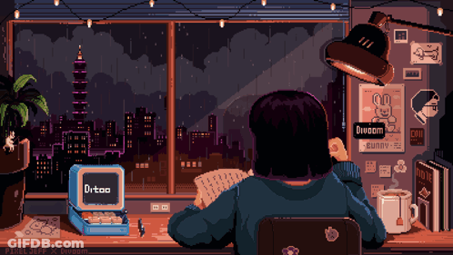 A Pixel Art Of A Woman Sitting At A Desk With A Sign That Says Divaom On It GIF
