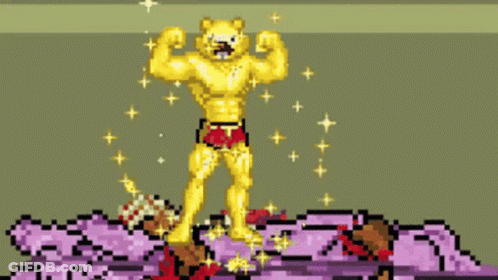 A Pixel Art Of A Yellow Bear Flexing Its Muscles GIF