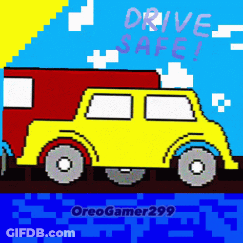 A Pixel Art Of A Yellow Car With A Red Trailer And The Words Drive Safe Written Above It GIF