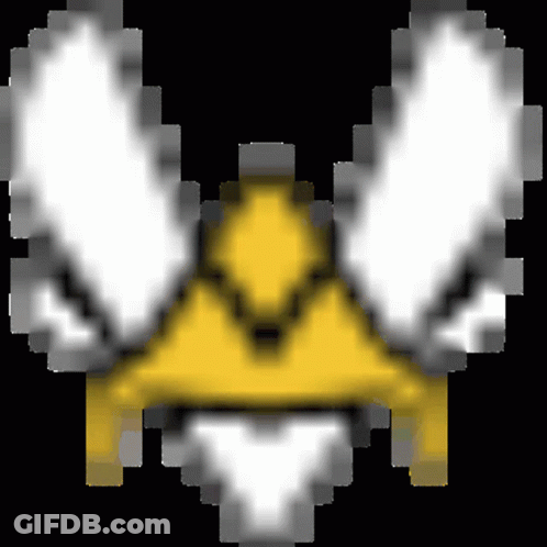 A Pixel Art Of A Yellow Crown With White Wings On A Black Background . GIF