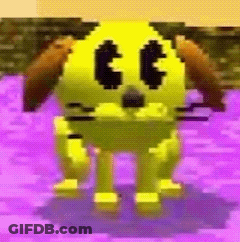 A Pixel Art Of A Yellow Dog With Brown Ears Standing On A Purple Background . GIF