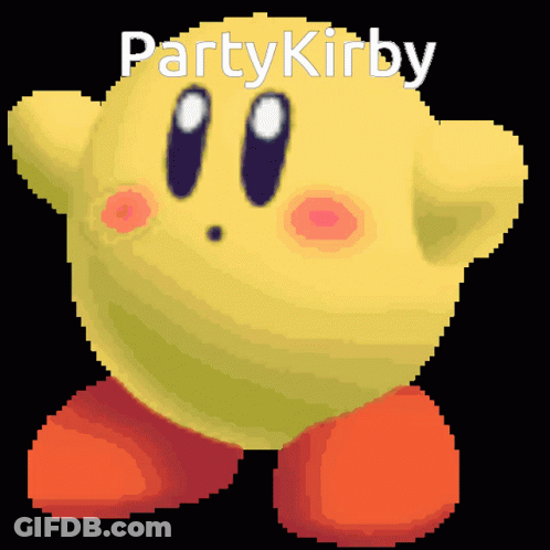 A Pixel Art Of A Yellow Kirby With The Words Partykirby Written Above It GIF