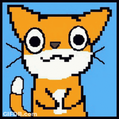 A Pixel Art Of An Orange And White Cat With A Mustache And A Waving Tail . GIF
