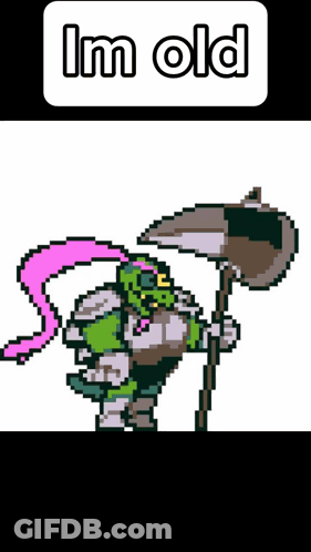 A Pixel Art Of An Orc Holding A Scythe With The Words I 'M Old Below Him GIF