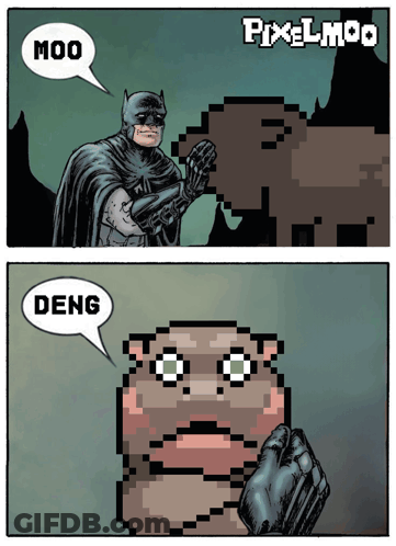 A Pixel Art Of Batman Talking To A Hamster With The Words Moo And Deng In Speech Bubbles GIF
