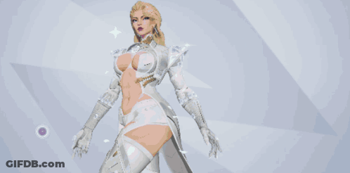 A Pixel Art Of Emma Frost With A Blue Banner Behind Her GIF