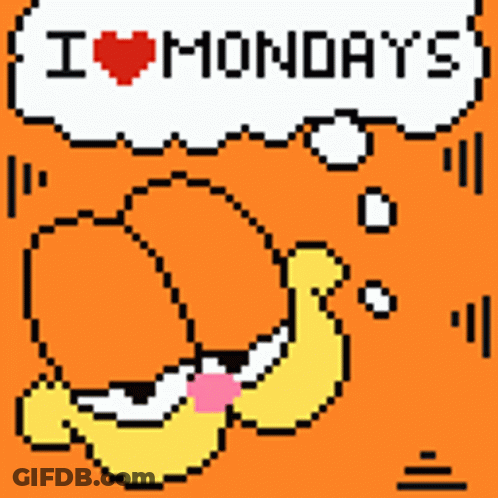 A Pixel Art Of Garfield With A Thought Bubble That Says " I Love Mondays " GIF