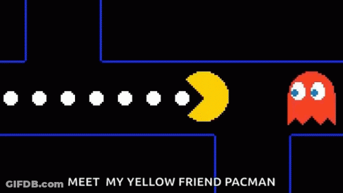 A Pixel Art Of Ghosts With The Words Meet My Yellow Friend Pacman Below Them GIF