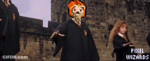 A Pixel Art Of Harry Potter Standing In Front Of A Brick Wall GIF