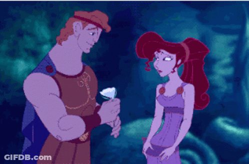 A Pixel Art Of Hercules Giving A Flower To Megara GIF