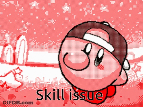 A Pixel Art Of Kirby Wearing A Santa Hat With The Words Skill Issue Below It GIF
