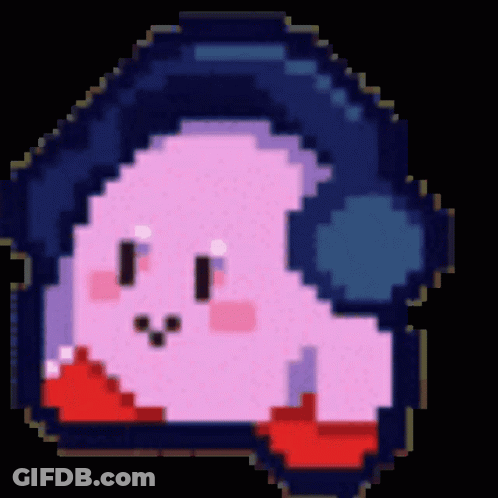 A Pixel Art Of Kirby Wearing Headphones With A Black Background GIF