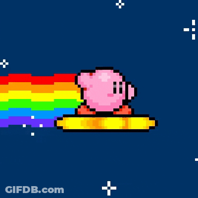 A Pixel Art Of Kirby With A Rainbow Coming Out Of His Mouth . GIF