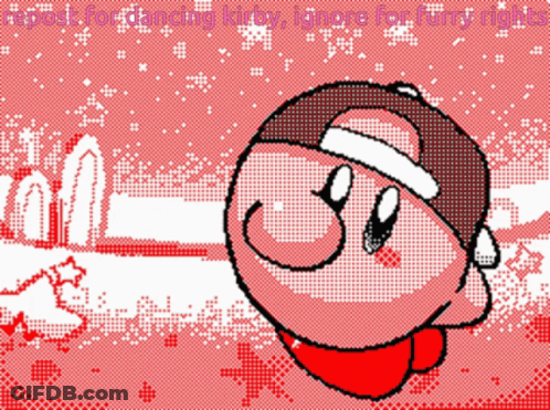 A Pixel Art Of Kirby With The Words Repost For Dancing Kirby Ignore For Furry Rights Below Him GIF
