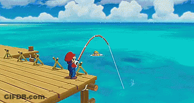 A Pixel Art Of Mario Fishing On A Dock In The Ocean GIF
