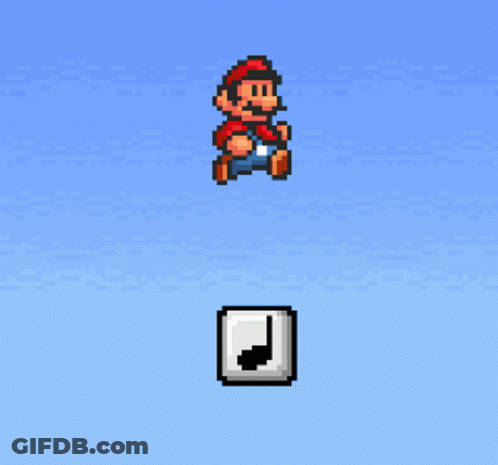 A Pixel Art Of Mario Jumping Next To A Square With A Note On It GIF