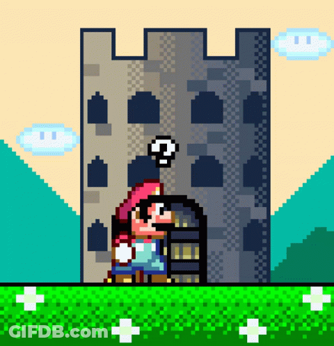 A Pixel Art Of Mario Standing In Front Of A Building GIF
