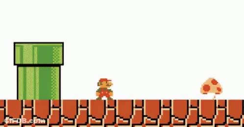 A Pixel Art Of Mario Standing Next To A Green Pipe On A Brick Wall GIF