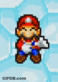 A Pixel Art Of Mario Standing On A Blue Background GIF