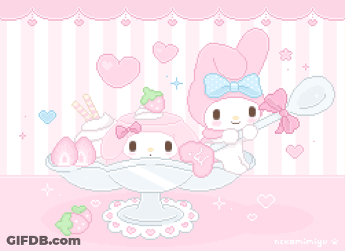 A Pixel Art Of My Melody Holding A Spoon In Front Of A Cake GIF