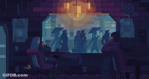 A Pixel Art Of People Sitting In Front Of A Window With A Sign That Says Join The Free Thoughts GIF