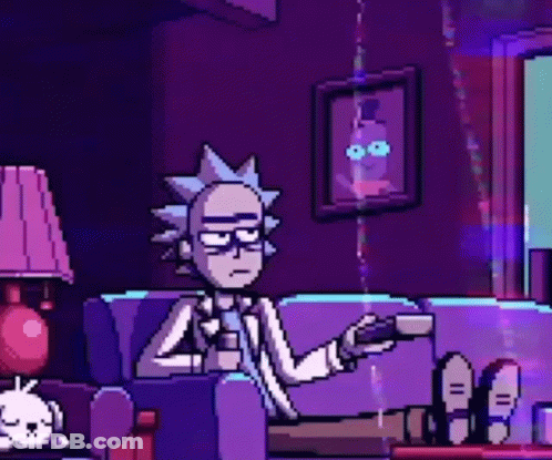 A Pixel Art Of Rick And Morty Sitting On A Couch Holding A Gun . GIF