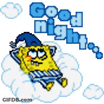 A Pixel Art Of Spongebob Laying On A Cloud With The Words " Good Night " Above Him GIF