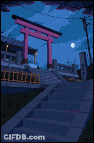 A Pixel Art Of Stairs Leading Up To A Gate With Chinese Writing On It GIF