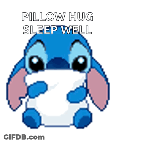 A Pixel Art Of Stitch Holding A Pillow With The Words Pillow Hug Sleep Well Above It GIF