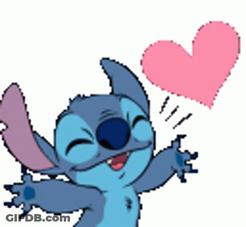A Pixel Art Of Stitch Holding A Pink Heart Above His Head . GIF
