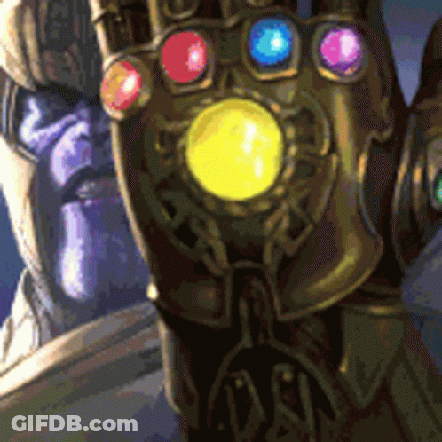 A Pixel Art Of Thanos Holding The Infinity Gauntlet With A Purple Face In The Background . GIF