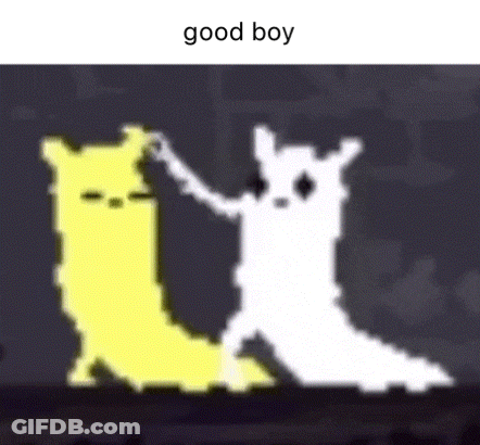 A Pixel Art Of Two Ghosts Dancing With The Words `` Good Boy '' Below Them . GIF